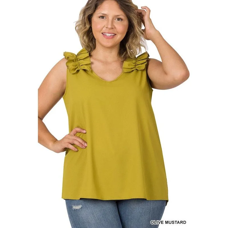PLUS WOVEN WOOL DOBBY RUFFLE TRIM SLEEVELESS TOP