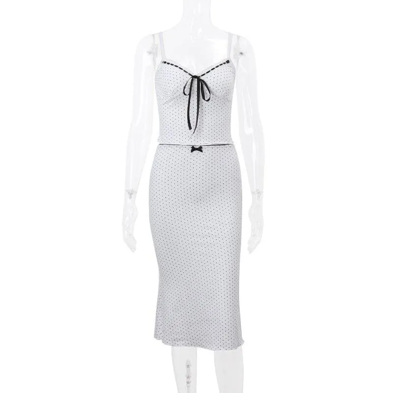 Polka dot v neck bowknot self tie lace hem midi skirt set