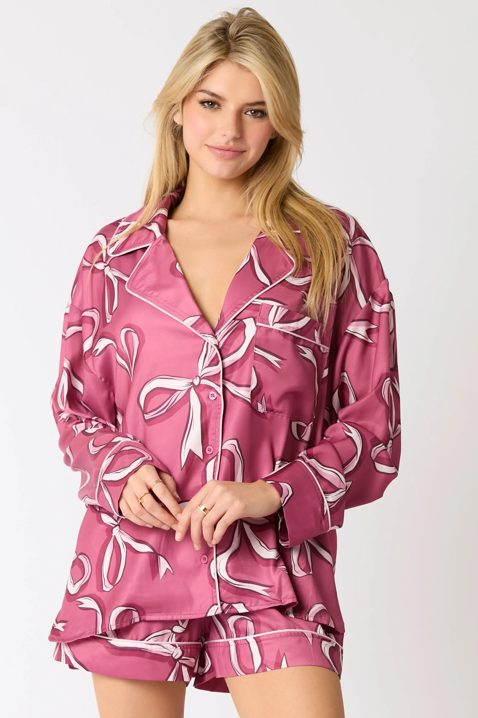 Poly Satin Bow Printed Ls Pajama Shirts