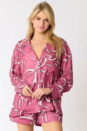 Poly Satin Bow Printed Ls Pajama Shirts