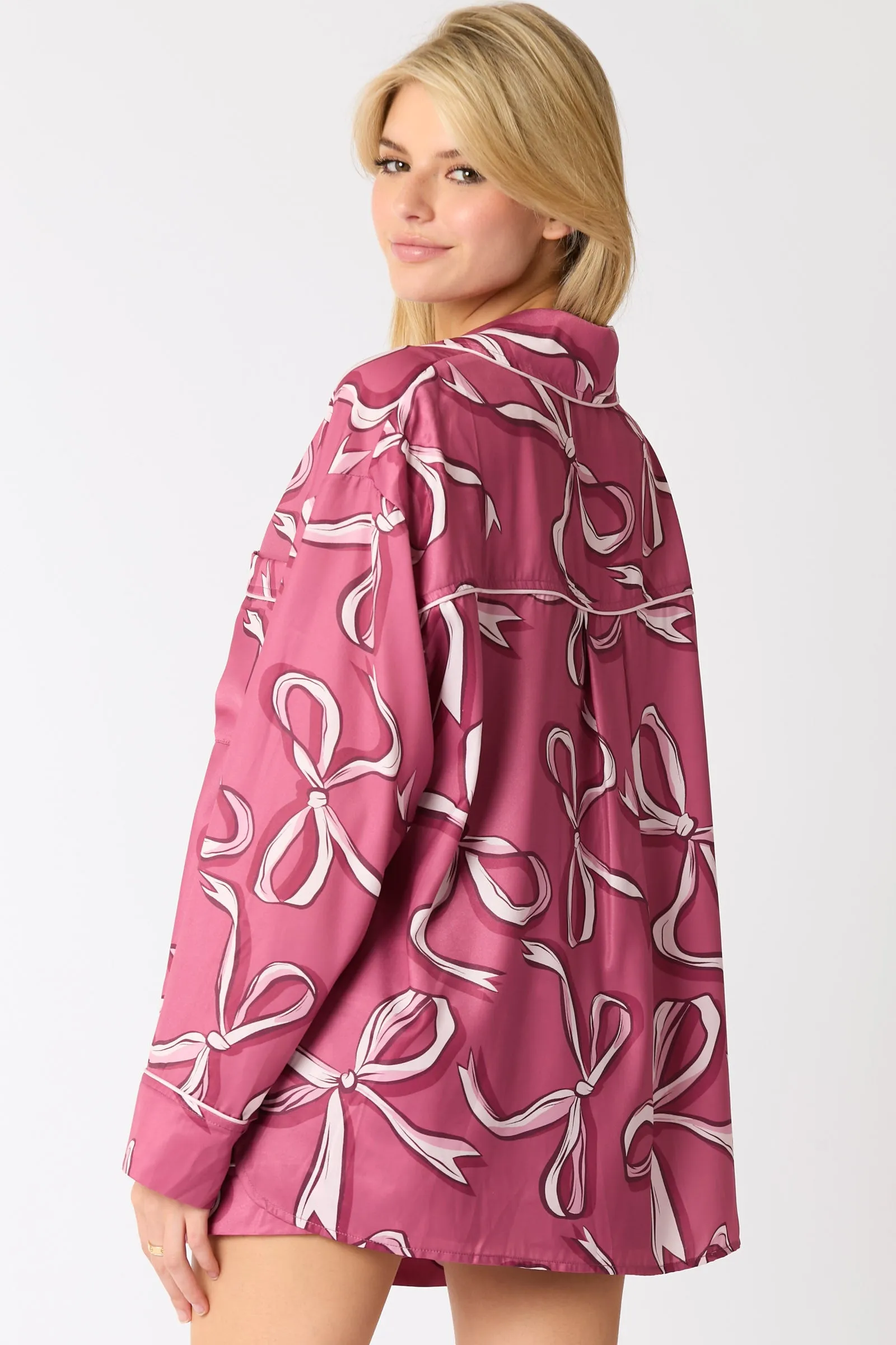 Poly Satin Bow Printed Ls Pajama Shirts