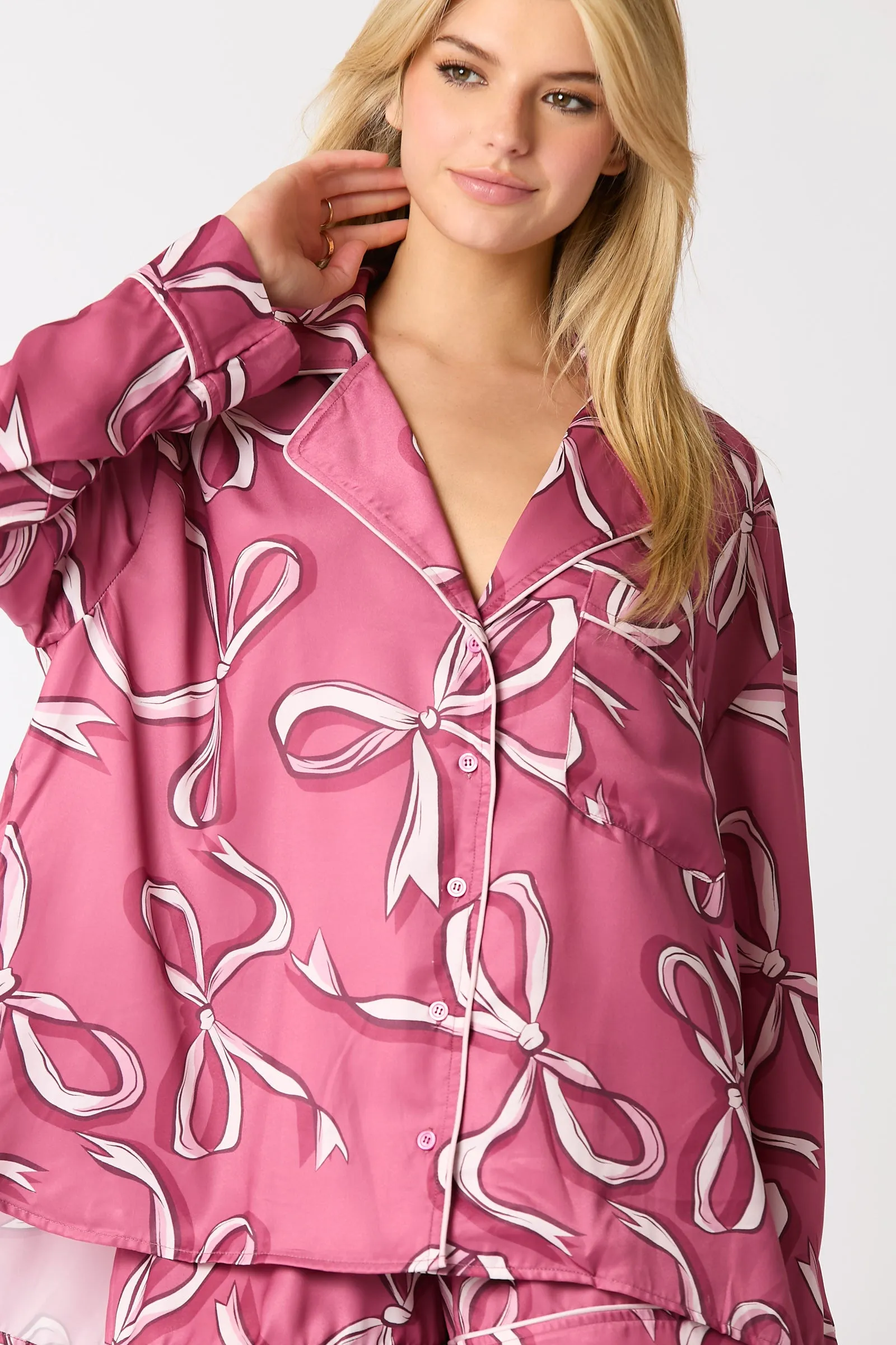 Poly Satin Bow Printed Ls Pajama Shirts