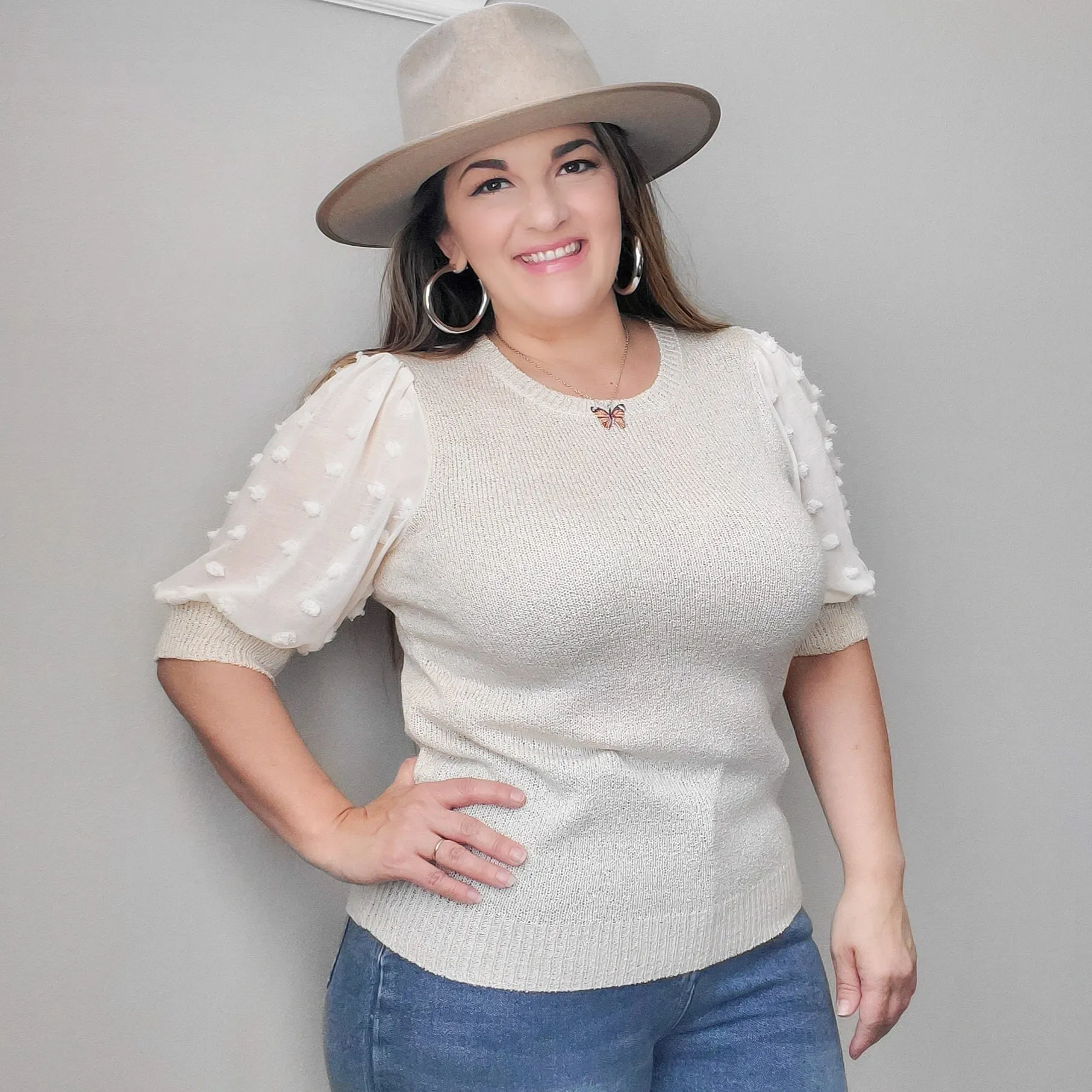 Pom-Pom Dot  Sleeve Knit Top