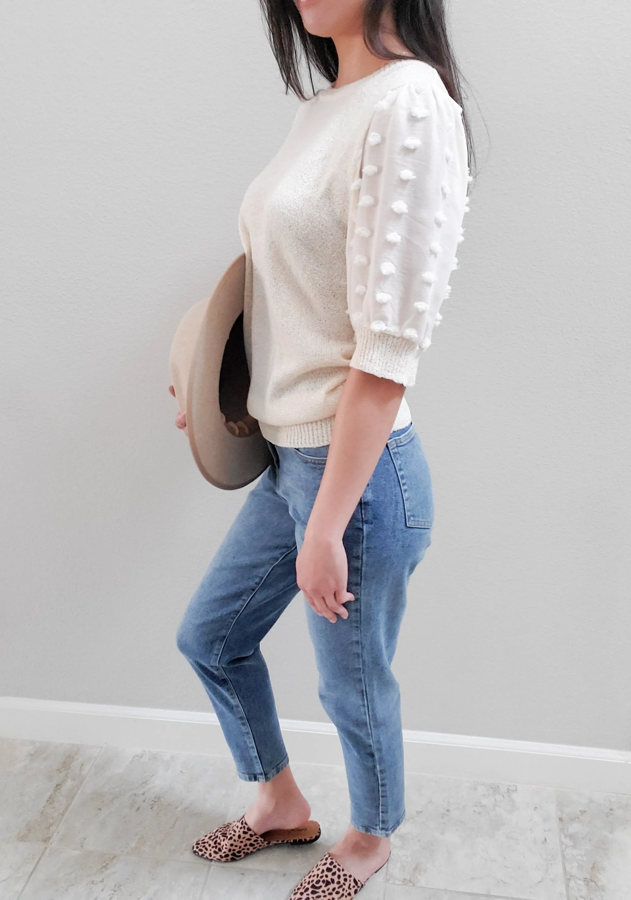 Pom-Pom Dot  Sleeve Knit Top