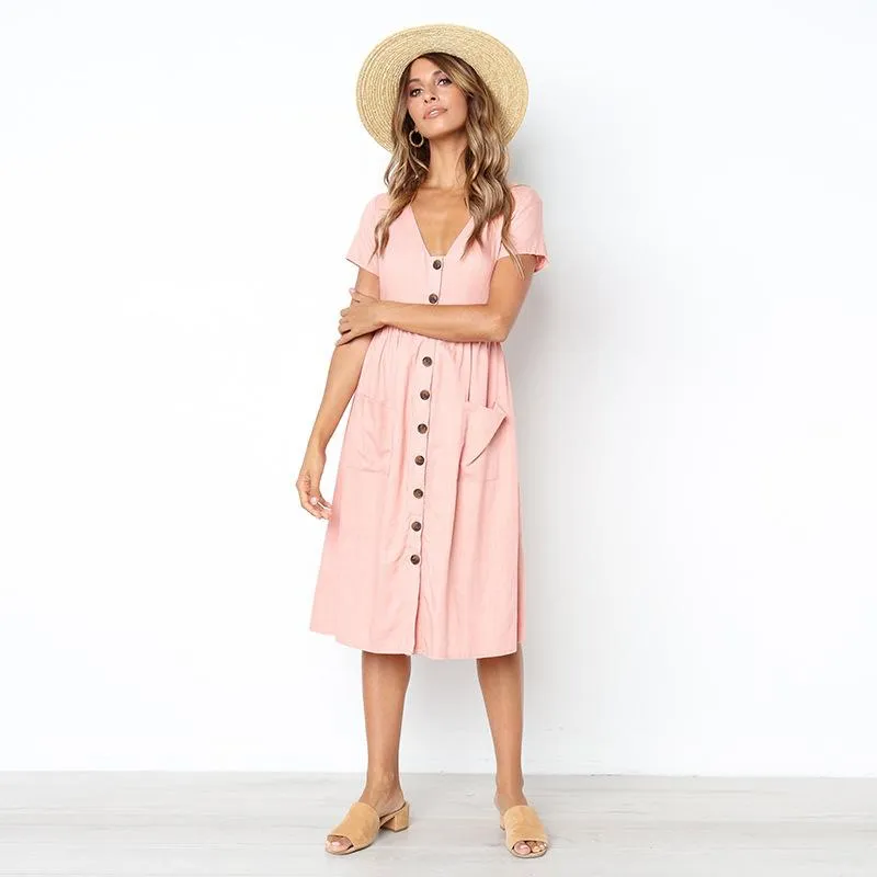 Popular Summer Trendy V-Neck Button All-Matching Pocket Short Sleeve Women Dress Pocket Dress
