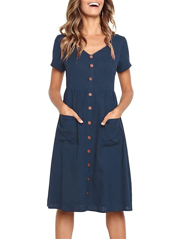 Popular Summer Trendy V-Neck Button All-Matching Pocket Short Sleeve Women Dress Pocket Dress