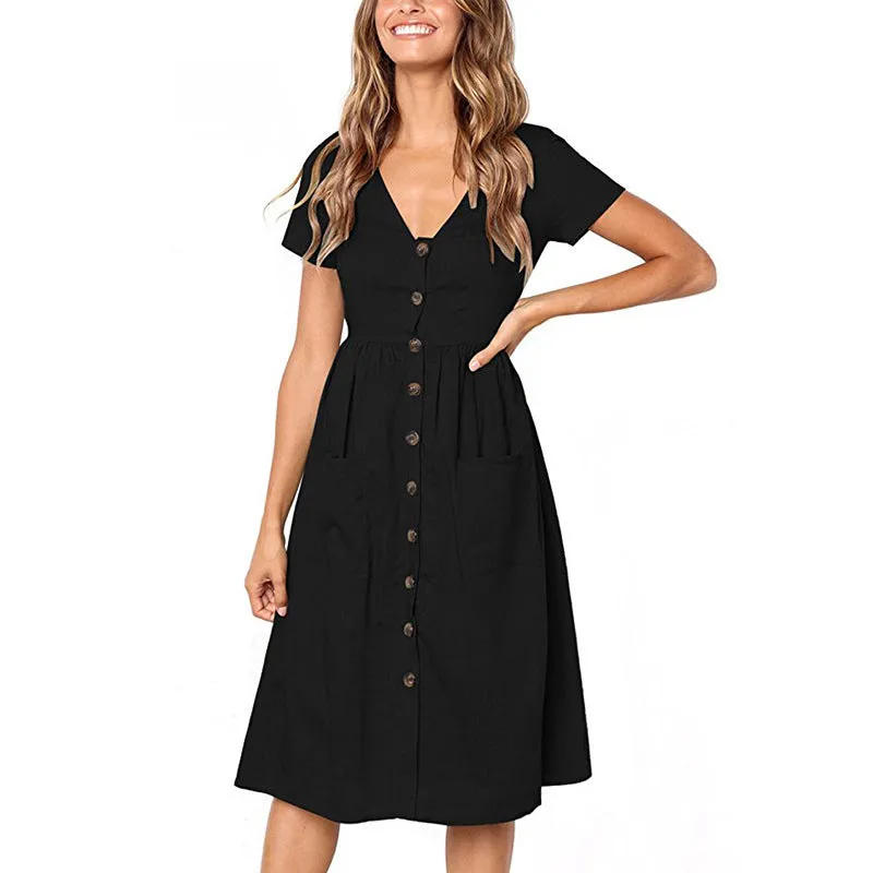 Popular Summer Trendy V-Neck Button All-Matching Pocket Short Sleeve Women Dress Pocket Dress