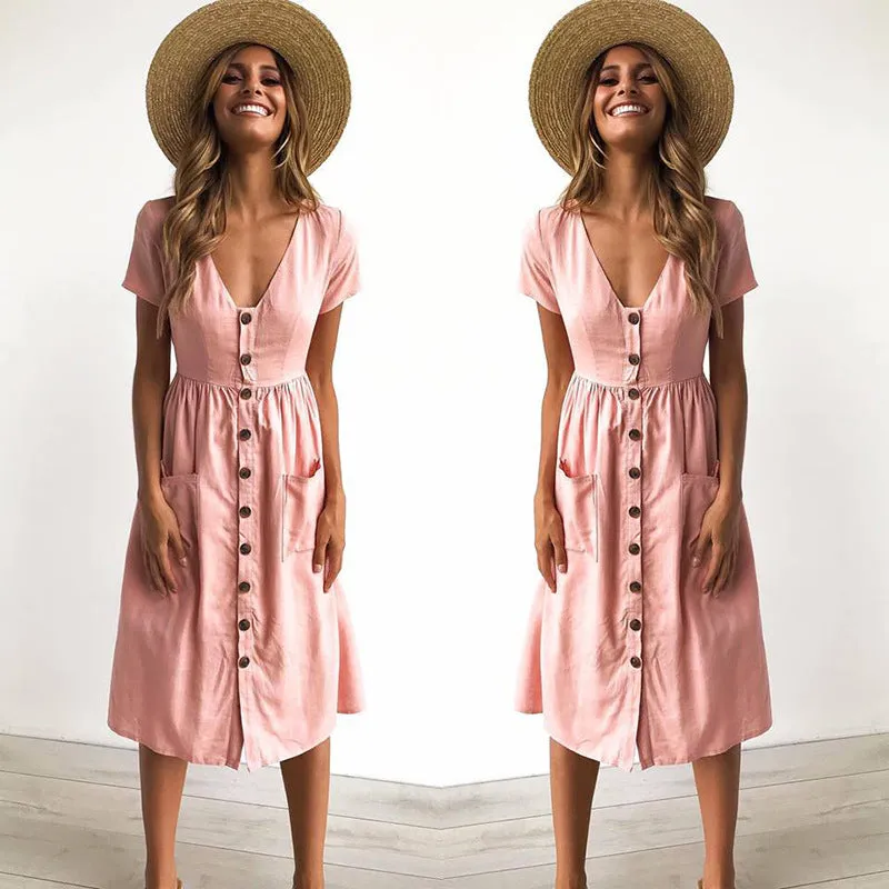 Popular Summer Trendy V-Neck Button All-Matching Pocket Short Sleeve Women Dress Pocket Dress