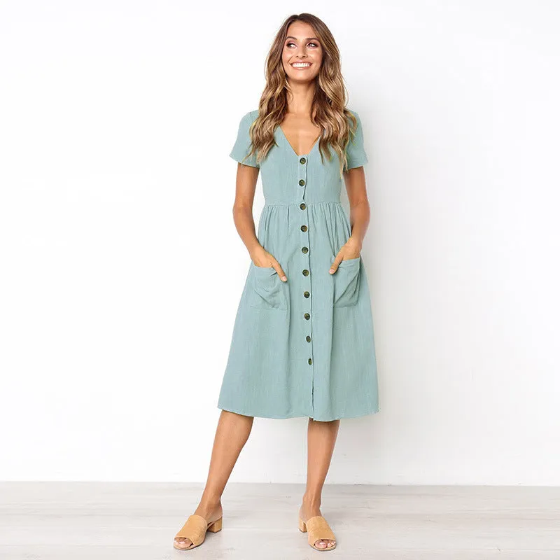 Popular Summer Trendy V-Neck Button All-Matching Pocket Short Sleeve Women Dress Pocket Dress