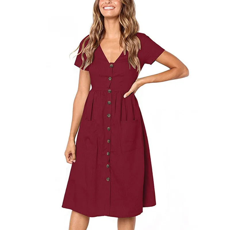 Popular Summer Trendy V-Neck Button All-Matching Pocket Short Sleeve Women Dress Pocket Dress