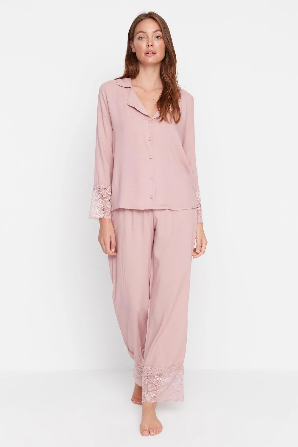 Powder Lace Detailed Woven Pajamas Set THMAW22PT0138