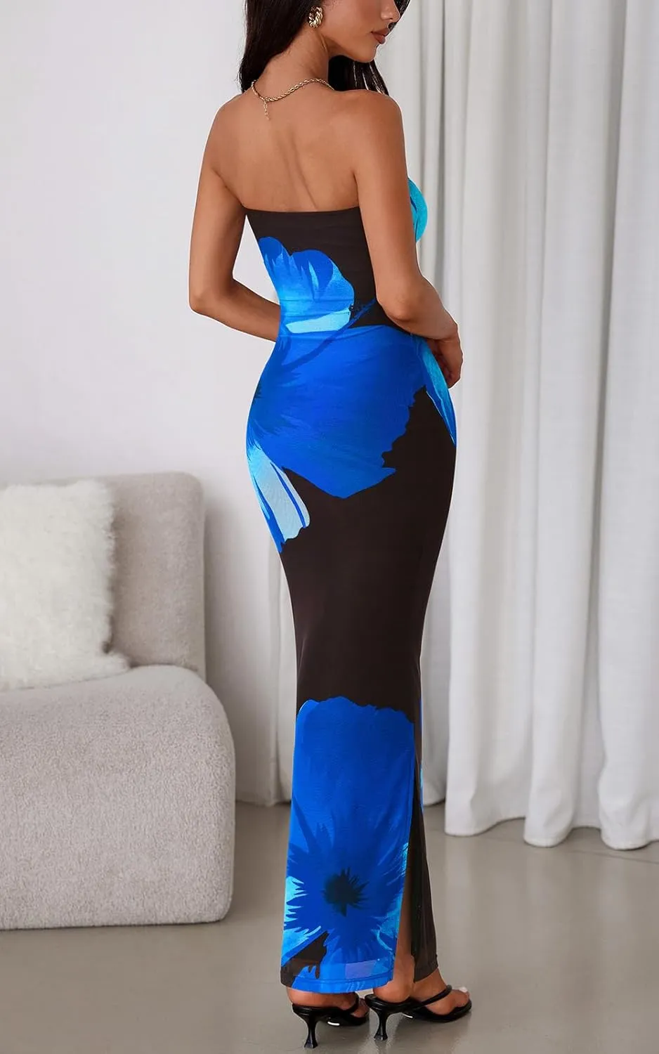 PRETTYGARDEN Strapless Bodycon Summer Dresses for Women 2025 Floral Mesh Tube Top Long Party Cocktail Dress Slit Side