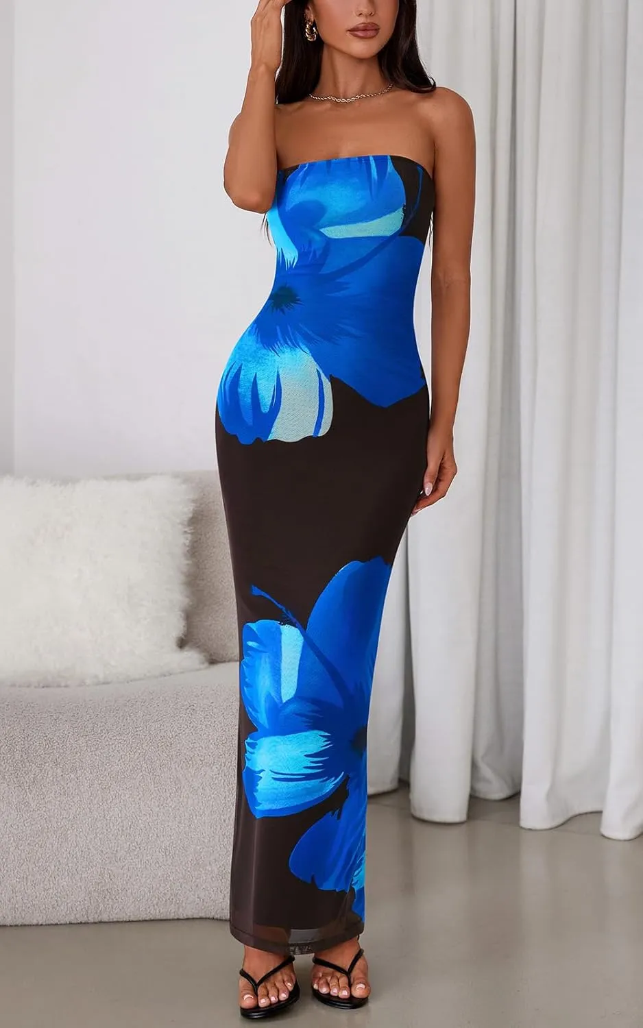 PRETTYGARDEN Strapless Bodycon Summer Dresses for Women 2025 Floral Mesh Tube Top Long Party Cocktail Dress Slit Side