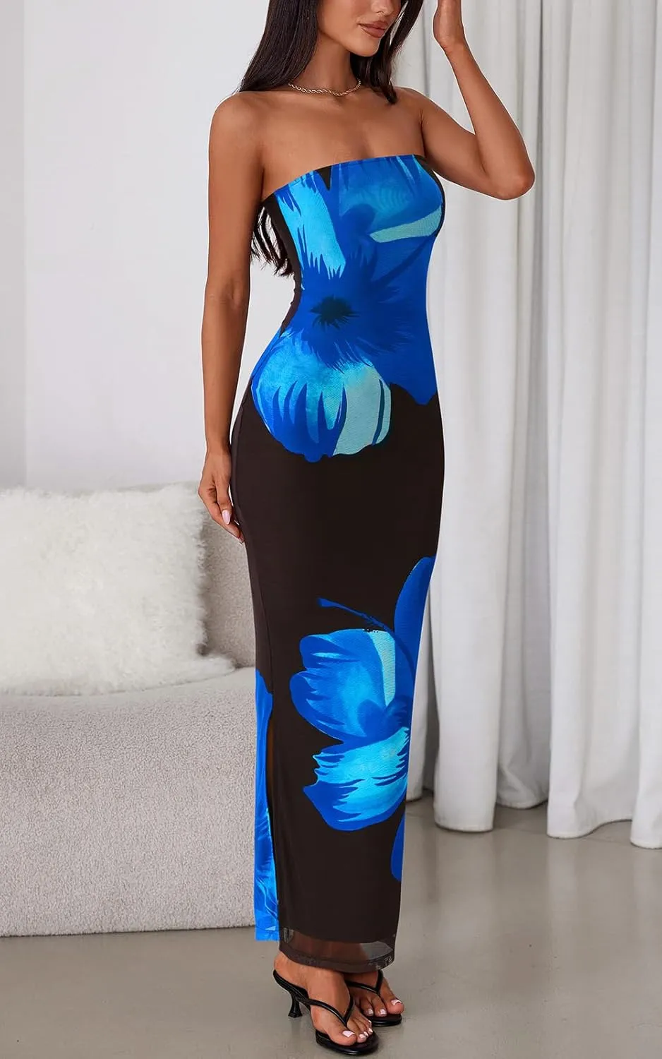 PRETTYGARDEN Strapless Bodycon Summer Dresses for Women 2025 Floral Mesh Tube Top Long Party Cocktail Dress Slit Side