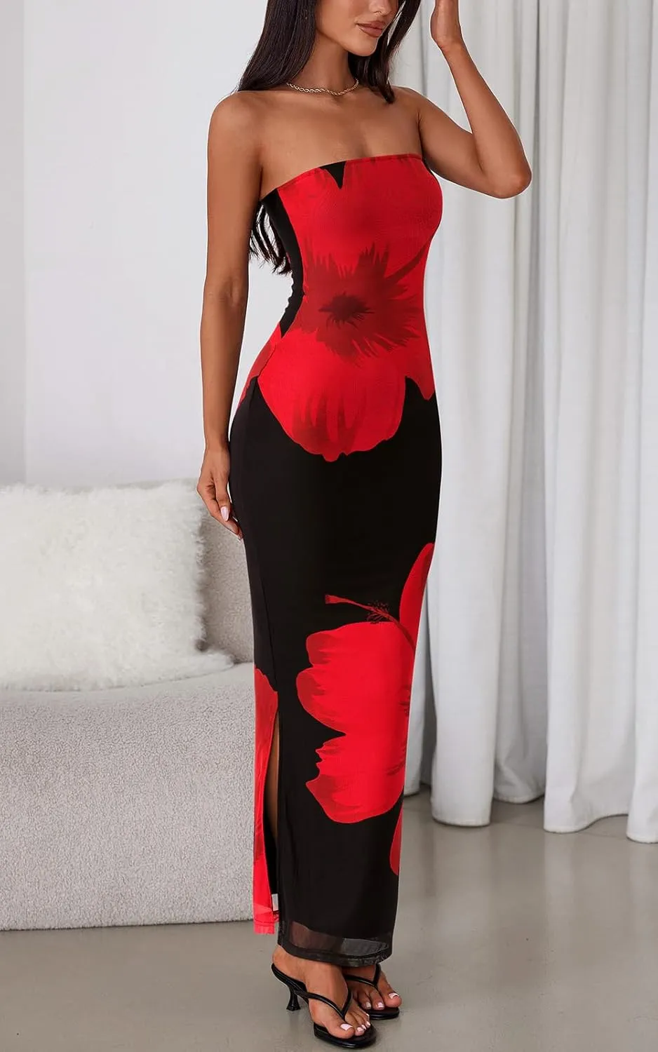 PRETTYGARDEN Strapless Bodycon Summer Dresses for Women 2025 Floral Mesh Tube Top Long Party Cocktail Dress Slit Side