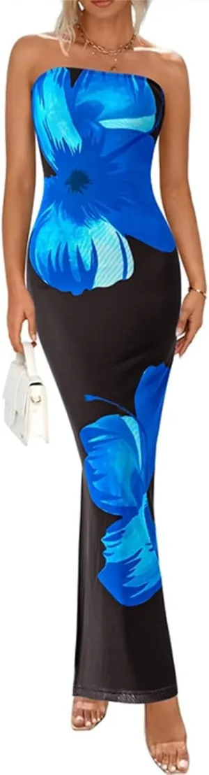 PRETTYGARDEN Strapless Bodycon Summer Dresses for Women 2025 Floral Mesh Tube Top Long Party Cocktail Dress Slit Side