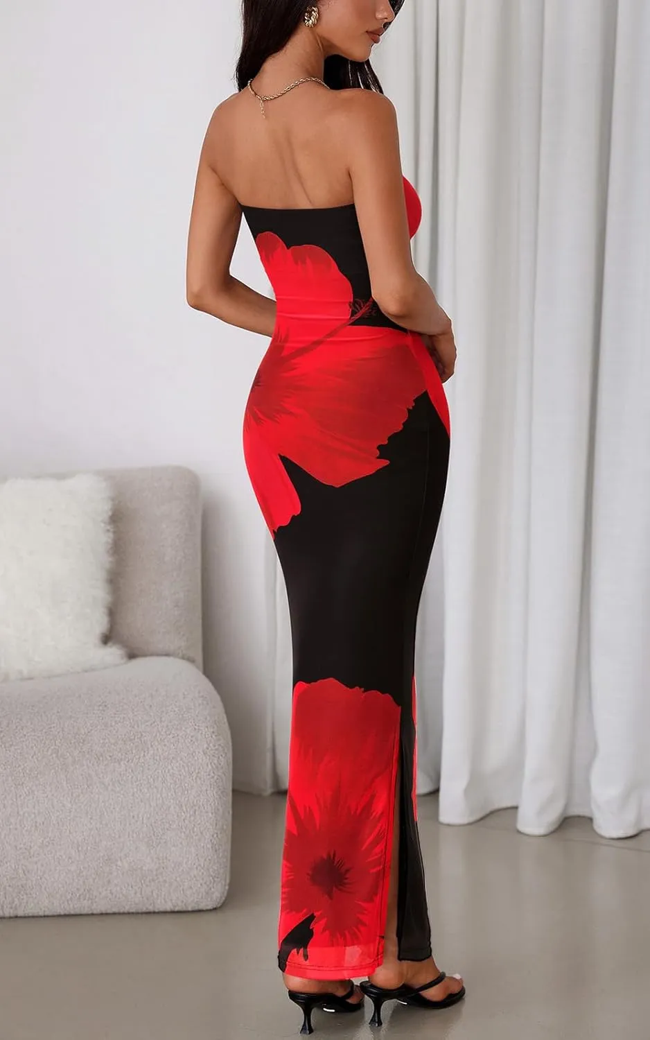 PRETTYGARDEN Strapless Bodycon Summer Dresses for Women 2025 Floral Mesh Tube Top Long Party Cocktail Dress Slit Side