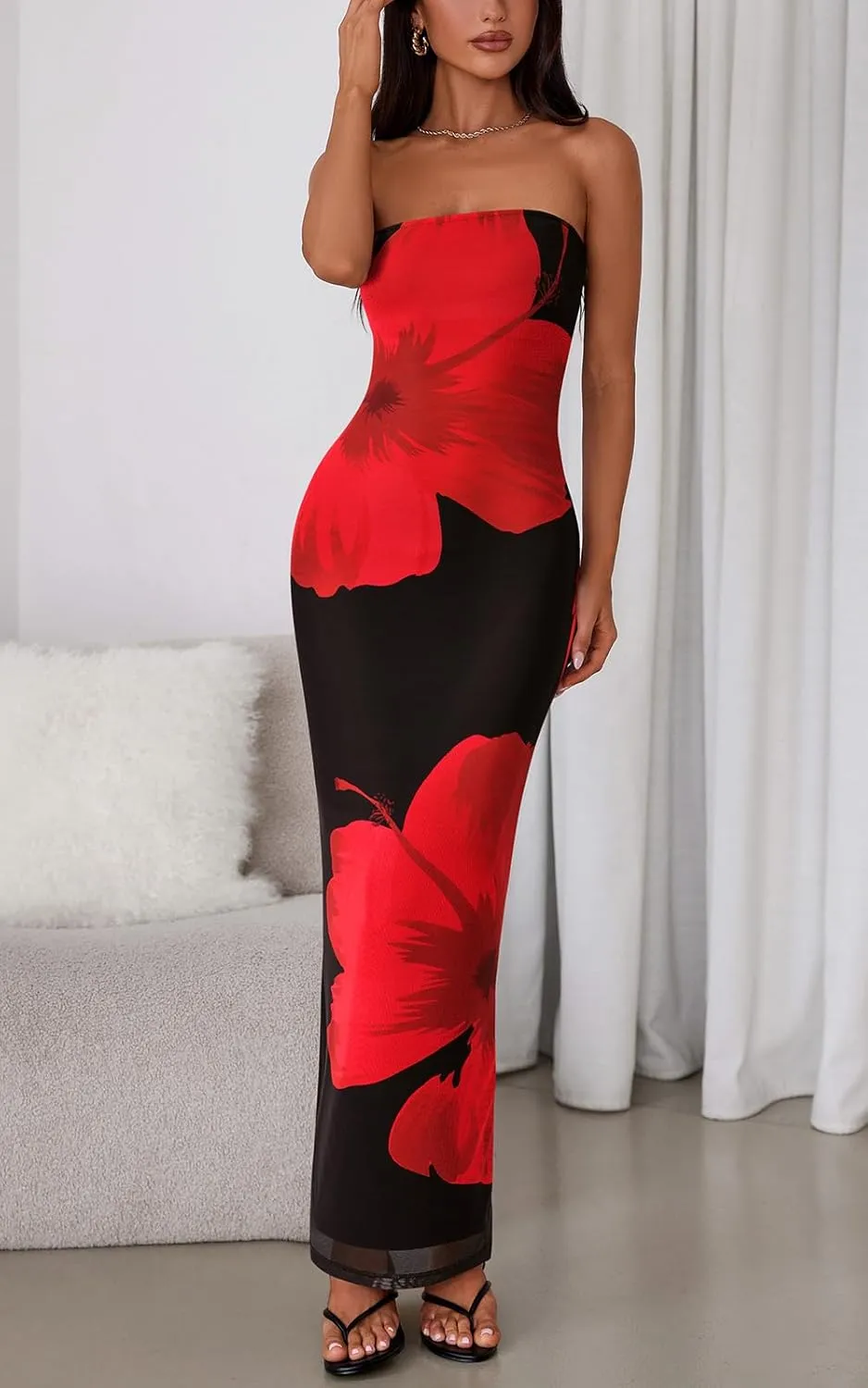 PRETTYGARDEN Strapless Bodycon Summer Dresses for Women 2025 Floral Mesh Tube Top Long Party Cocktail Dress Slit Side