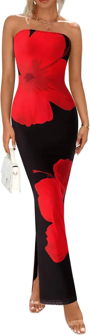 PRETTYGARDEN Strapless Bodycon Summer Dresses for Women 2025 Floral Mesh Tube Top Long Party Cocktail Dress Slit Side