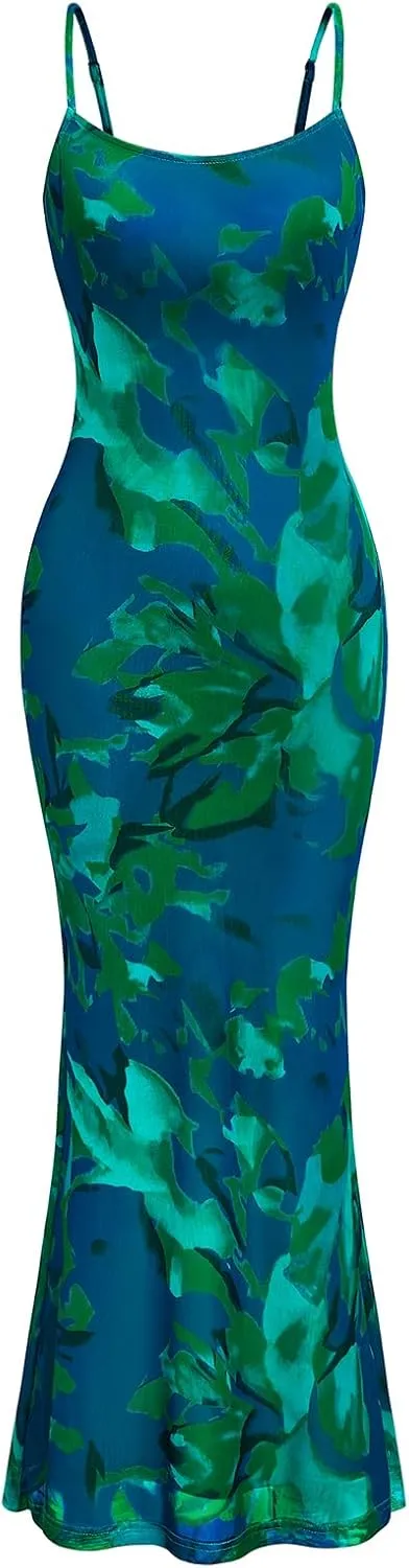 PRETTYGARDEN Womens Summer Dresses Spaghetti Strap Floral Maxi Dress Sleeveless Long Bodycon Dresses Wedding Guest Dress