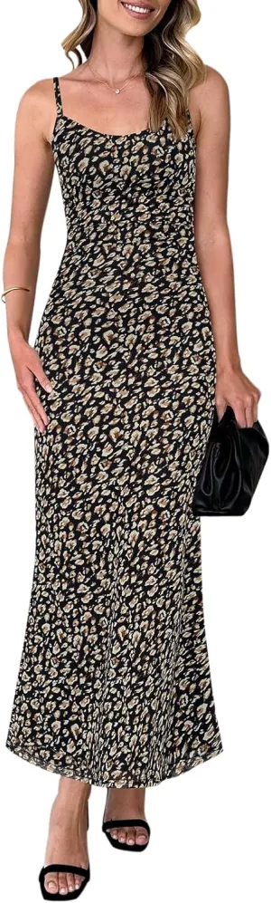 PRETTYGARDEN Womens Summer Dresses Spaghetti Strap Floral Maxi Dress Sleeveless Long Bodycon Dresses Wedding Guest Dress