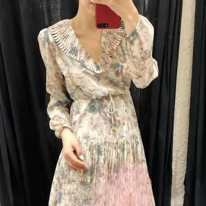 Print Puff Long Sleeve Lace Up High Waist Pleated Midi Dress