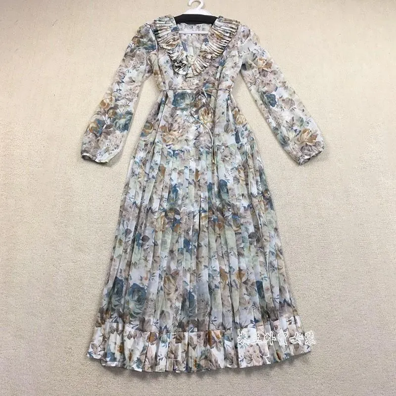 Print Puff Long Sleeve Lace Up High Waist Pleated Midi Dress