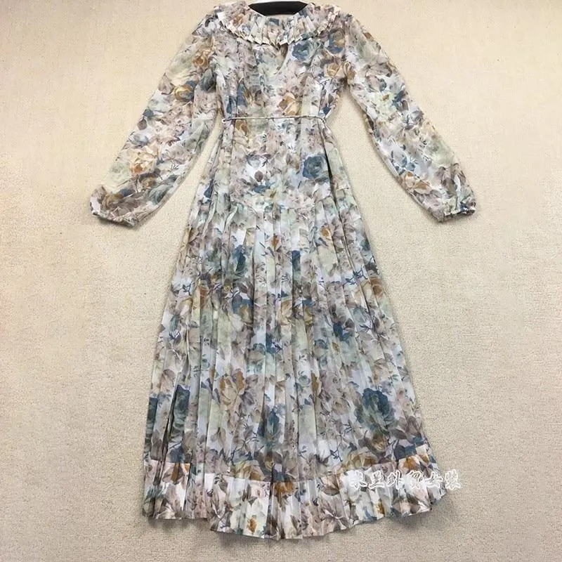 Print Puff Long Sleeve Lace Up High Waist Pleated Midi Dress