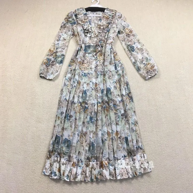 Print Puff Long Sleeve Lace Up High Waist Pleated Midi Dress