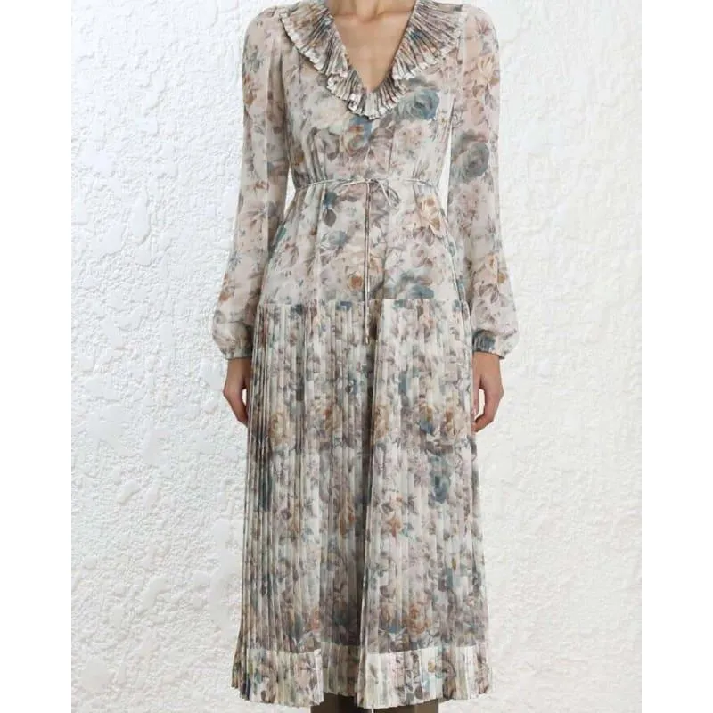 Print Puff Long Sleeve Lace Up High Waist Pleated Midi Dress