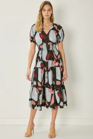 Print v-neck puff sleeve tiered midi dress