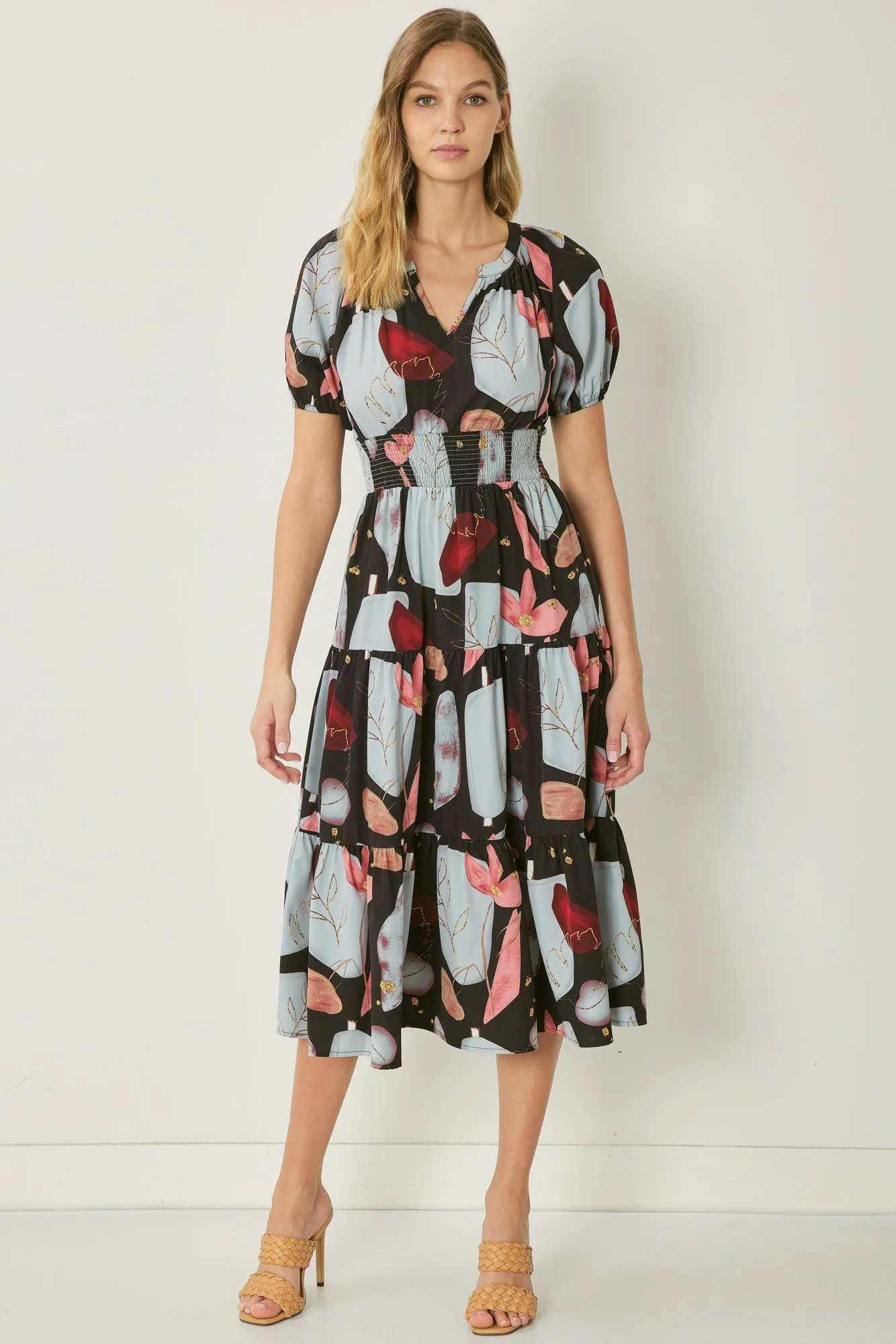 Print v-neck puff sleeve tiered midi dress
