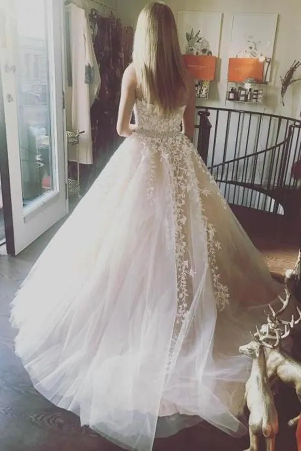 Promfast Princess A line Strapless Tulle Long Prom Dress with Lace Appliques Wedding Dress PFW0569