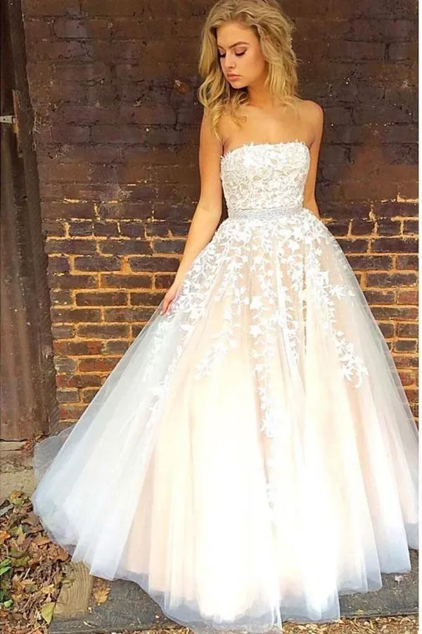 Promfast Princess A line Strapless Tulle Long Prom Dress with Lace Appliques Wedding Dress PFW0569
