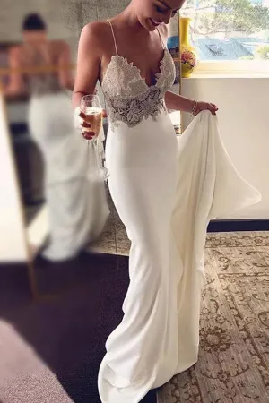 Promfast Sexy Spaghetti Straps Mermaid Beach Wedding Dresses, Long Prom Dress with Lace PFW0579