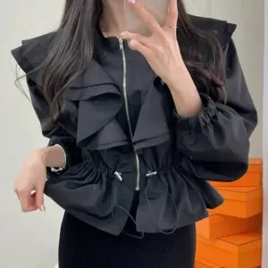 Puff-Sleeve Crewneck Ruffle Crop Blouse