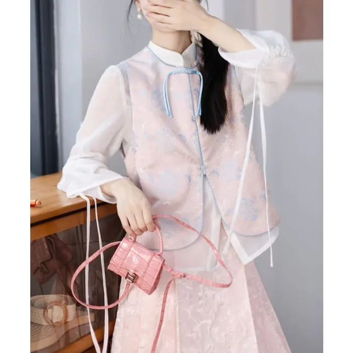 Puff-Sleeve Plain Blouse / Frog Buttoned Hanfu Vest / High Waist Mini Pleated A-Line Skirt