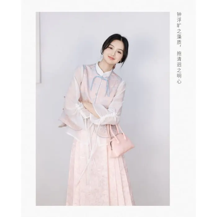Puff-Sleeve Plain Blouse / Frog Buttoned Hanfu Vest / High Waist Mini Pleated A-Line Skirt