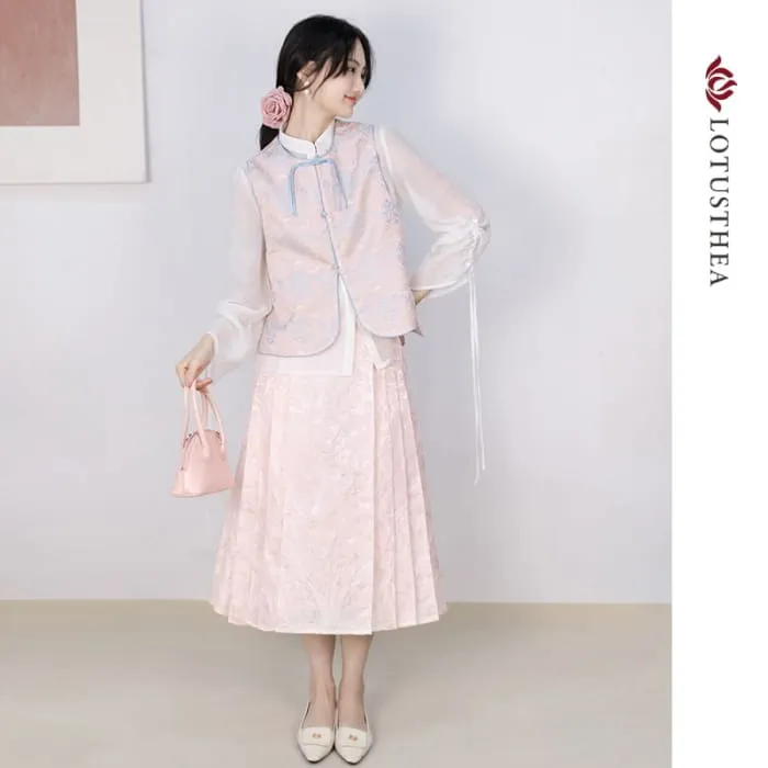 Puff-Sleeve Plain Blouse / Frog Buttoned Hanfu Vest / High Waist Mini Pleated A-Line Skirt