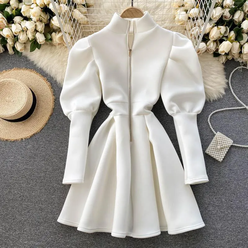 Puff Sleeve Turtleneck Dress Autumn Winter Long Sleeve Dresses Women Party Christmas Slim A-Line Elegant New Year Woman