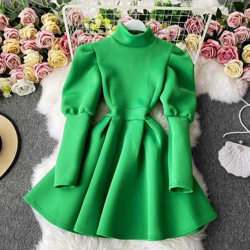 Puff Sleeve Turtleneck Dress Autumn Winter Long Sleeve Dresses Women Party Christmas Slim A-Line Elegant New Year Woman