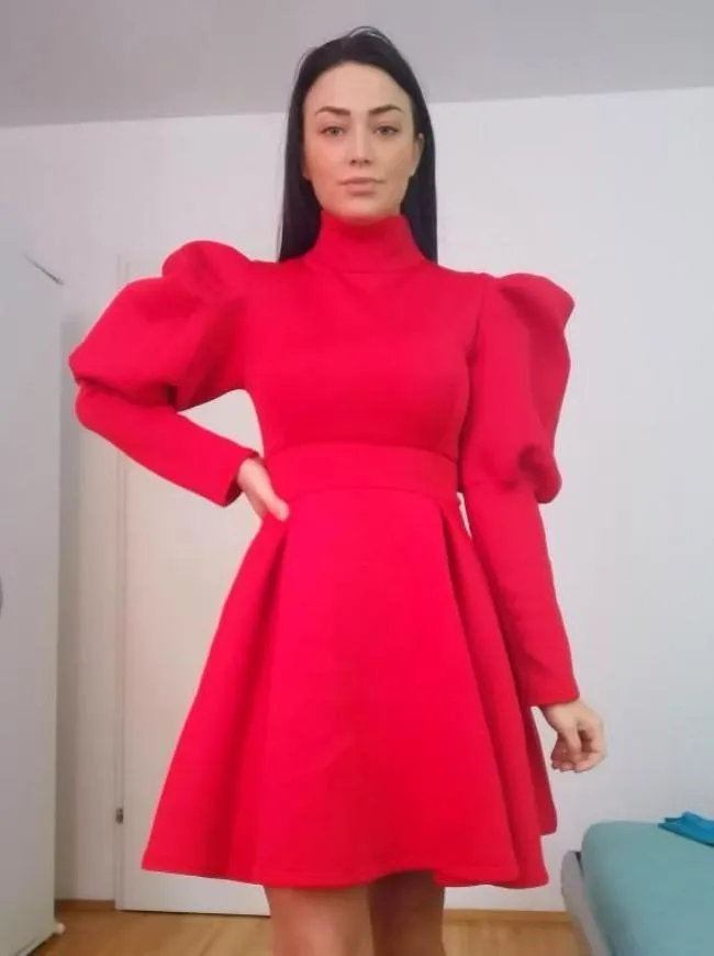 Puff Sleeve Turtleneck Dress Autumn Winter Long Sleeve Dresses Women Party Christmas Slim A-Line Elegant New Year Woman