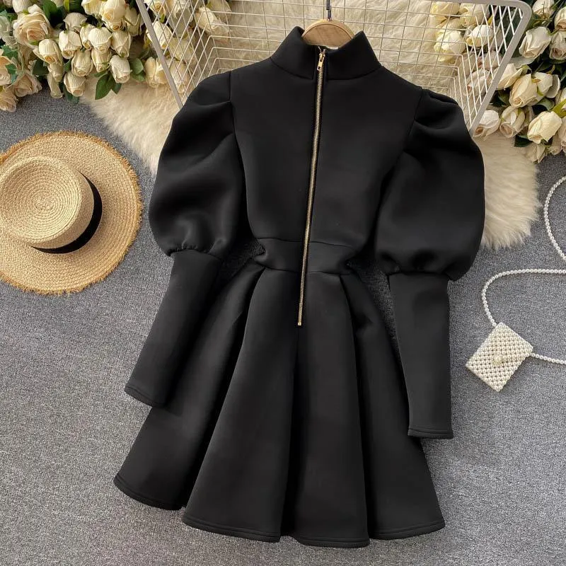 Puff Sleeve Turtleneck Dress Autumn Winter Long Sleeve Dresses Women Party Christmas Slim A-Line Elegant New Year Woman