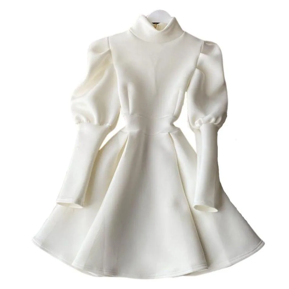 Puff Sleeve Turtleneck Dress Autumn Winter Long Sleeve Dresses Women Party Christmas Slim A-Line Elegant New Year Woman