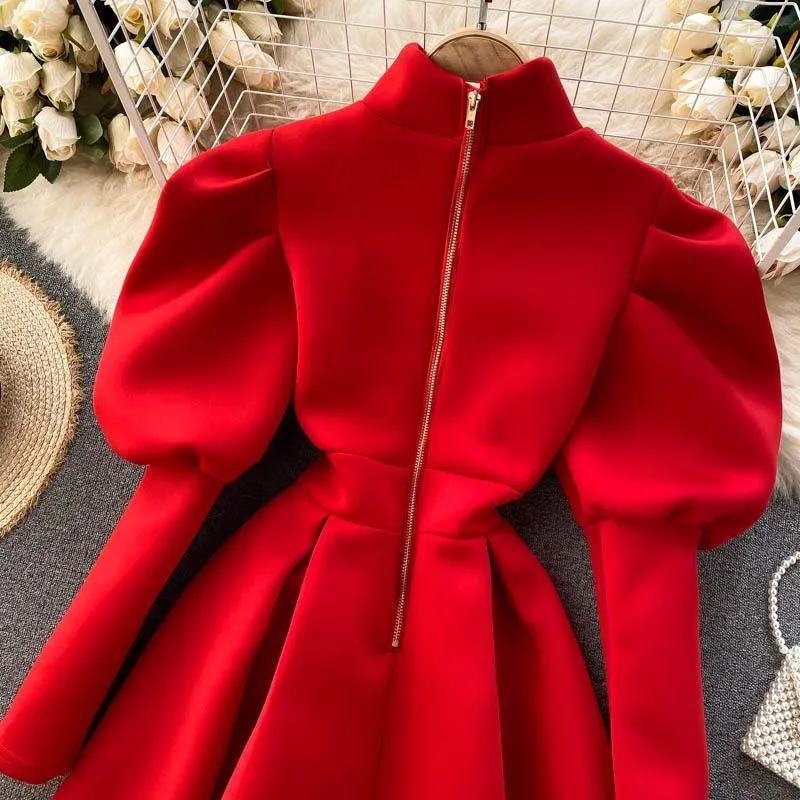 Puff Sleeve Turtleneck Dress Autumn Winter Long Sleeve Dresses Women Party Christmas Slim A-Line Elegant New Year Woman