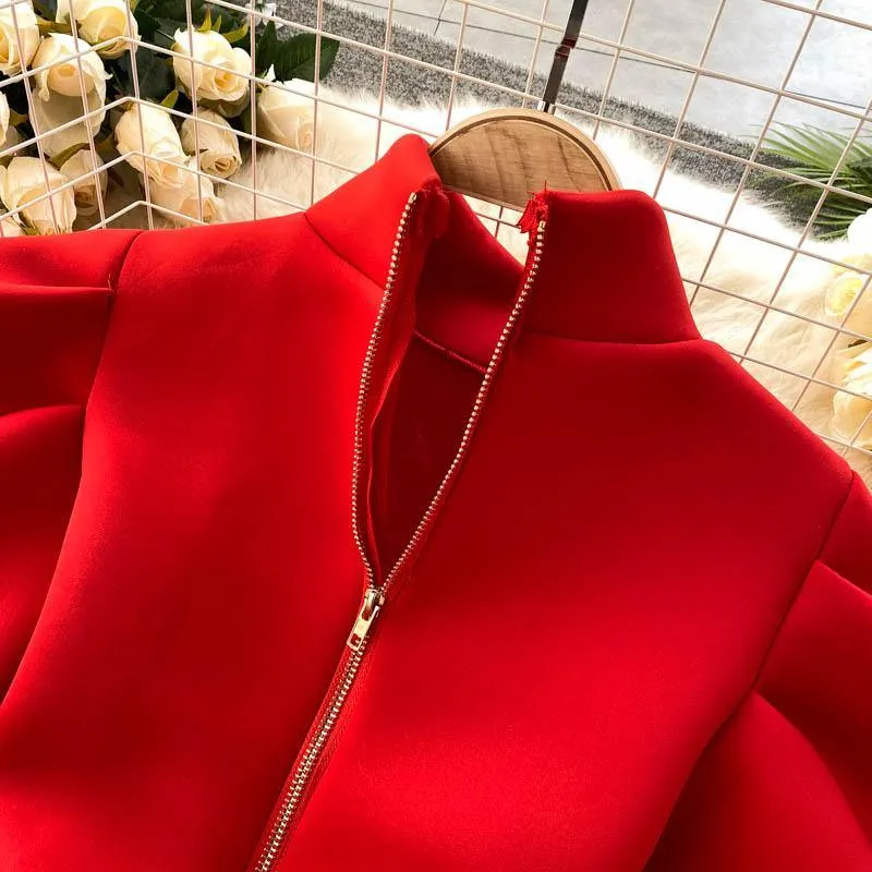 Puff Sleeve Turtleneck Dress Autumn Winter Long Sleeve Dresses Women Party Christmas Slim A-Line Elegant New Year Woman