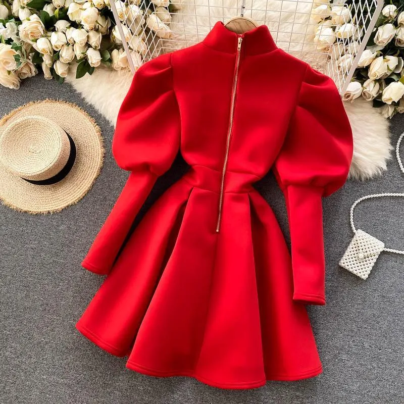 Puff Sleeve Turtleneck Dress Autumn Winter Long Sleeve Dresses Women Party Christmas Slim A-Line Elegant New Year Woman