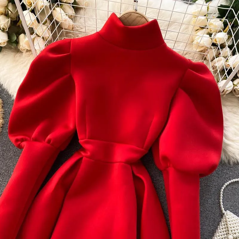 Puff Sleeve Turtleneck Dress Autumn Winter Long Sleeve Dresses Women Party Christmas Slim A-Line Elegant New Year Woman