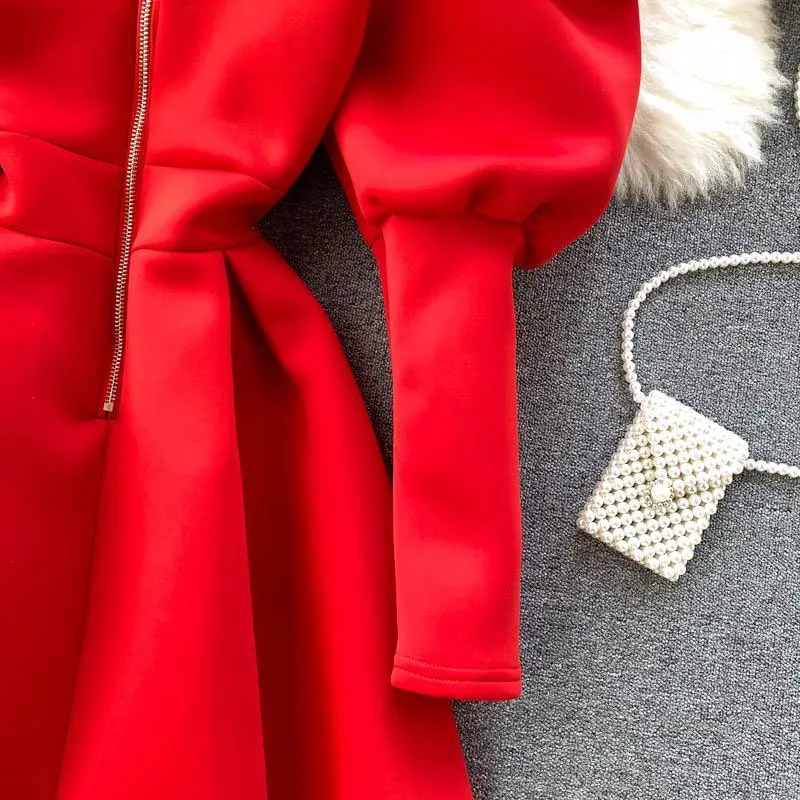 Puff Sleeve Turtleneck Dress Autumn Winter Long Sleeve Dresses Women Party Christmas Slim A-Line Elegant New Year Woman