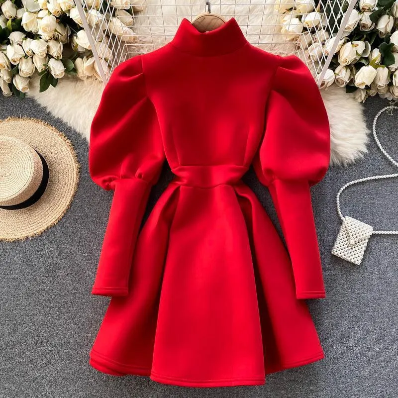 Puff Sleeve Turtleneck Dress Autumn Winter Long Sleeve Dresses Women Party Christmas Slim A-Line Elegant New Year Woman
